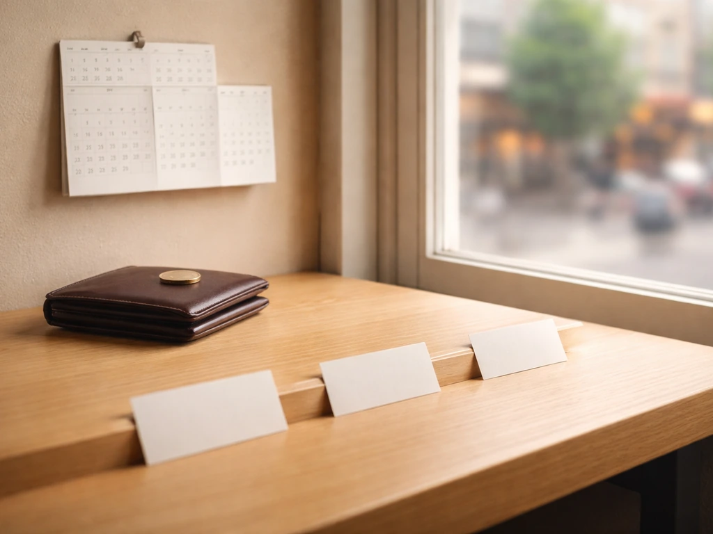 Minimal photo of an empty desk with a calendar, blurred city street, and a single coin and wallet symbolizing career cha