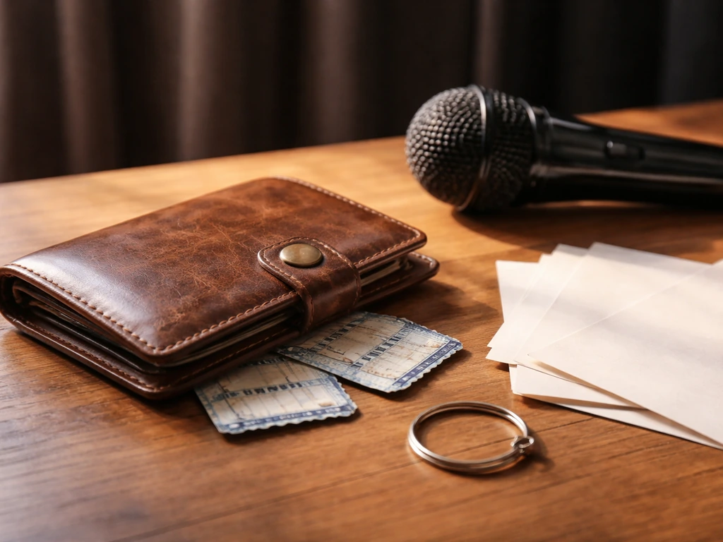Vintage concert tickets, studio microphone, and blank receipt papers on a wooden desk.