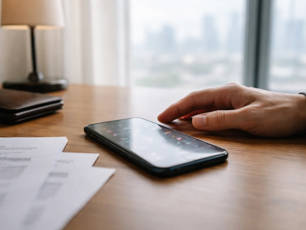 Minimal photo of a banker’s office desk with scattered papers and a smartphone showing blurred finance numbers