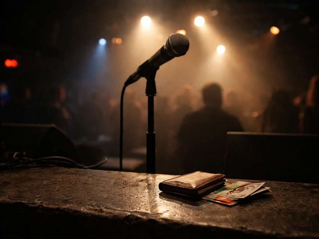 Warm-lit microphone on a stage with a wallet nearby, symbolizing performance, money, and media.
