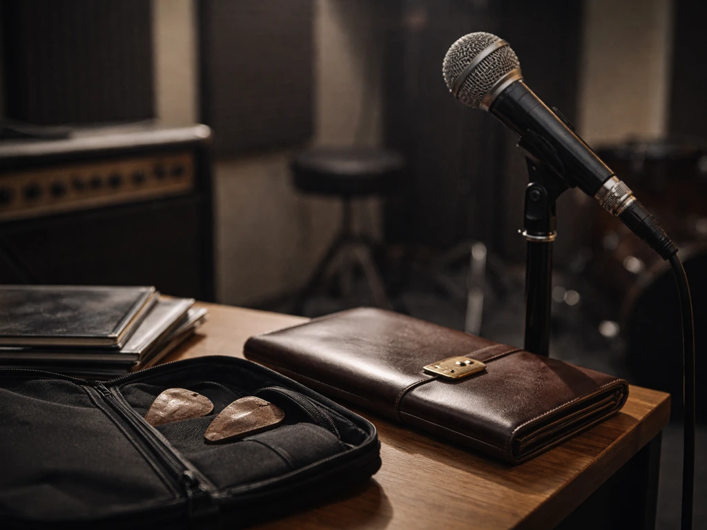 Minimal music studio scene with microphone, guitar picks, and a leather portfolio hinting band and net-worth interest
