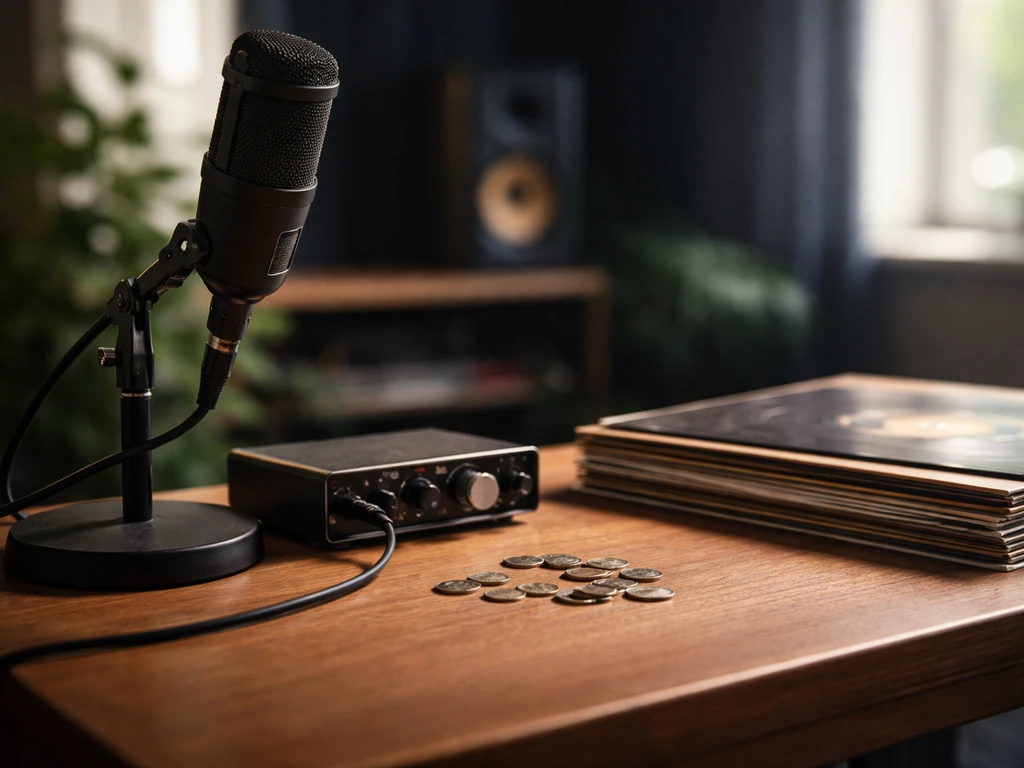 Minimal photo of a studio desk with a microphone and scattered coins, symbolizing money and music income