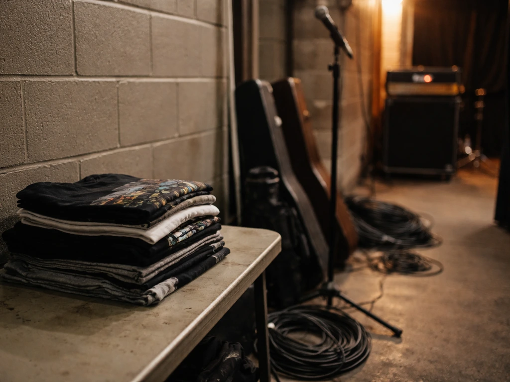 Tour merch and backline setup at a small venue with instruments and gear near the stage entrance.