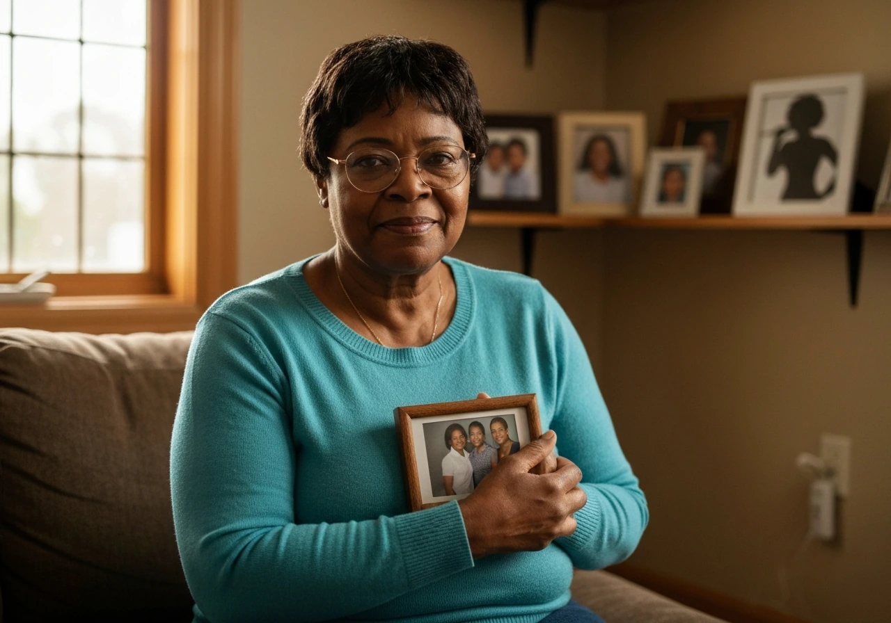 Francine “Frankie” Lons shown as an anonymous woman seated at home with family photos, suggesting Keyshia Cole’s mother