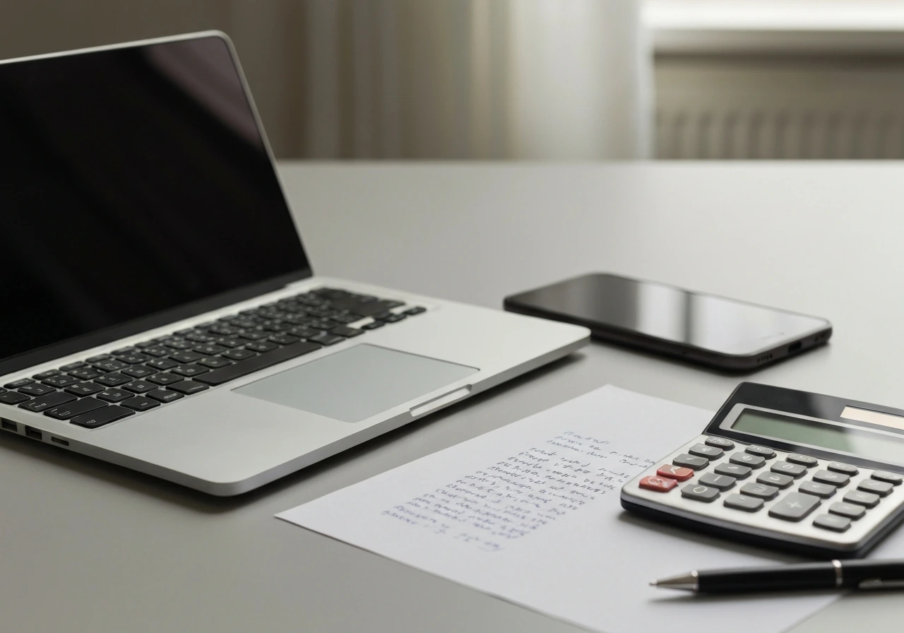 Minimal desk scene with calculator, paper, and phone suggesting net-worth estimation calculations.