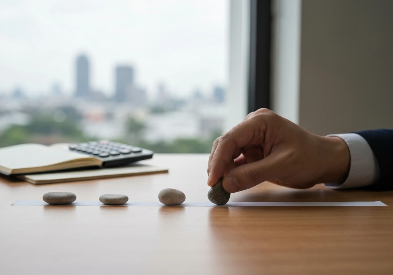 Hand placing unlabeled milestone stones on a timeline strip on a desk by a window, suggesting financial change over time