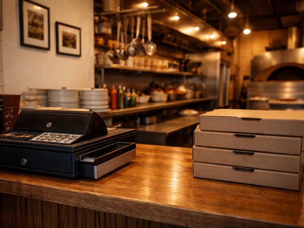 Empty Williamsburg pizzeria counter with a cash register and pizza boxes, symbolic of a Brooklyn founder’s business valu
