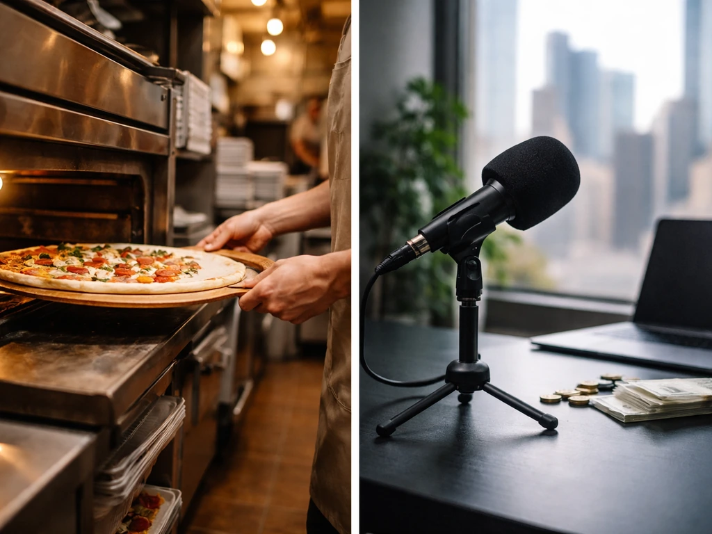 Minimal side-by-side photo showing pizza-business founder theme and a separate anonymous finance/media concept