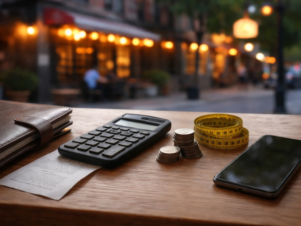 Desk with calculator, papers, coins, and a softly blurred Brooklyn storefront background symbolizing business estimate i