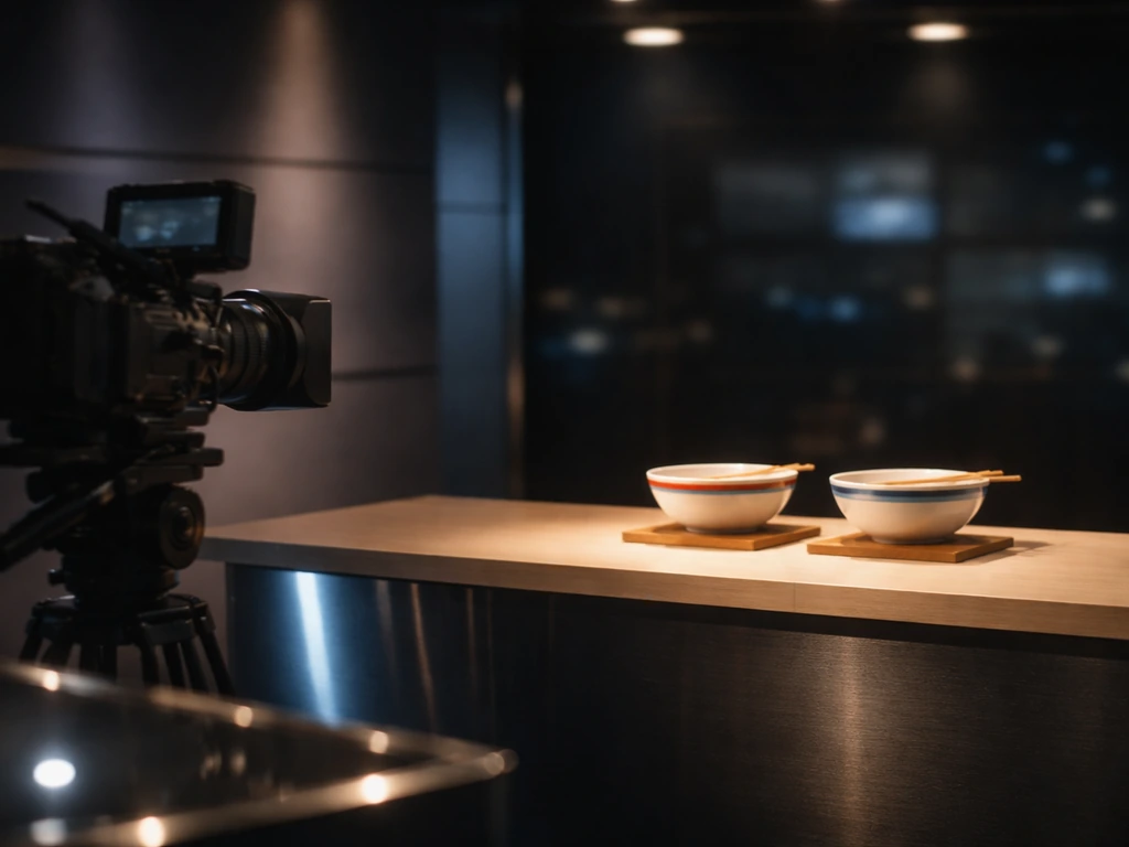 Minimal TV studio scene with broadcast camera and generic food-media props, symbolizing TV and media visibility.
