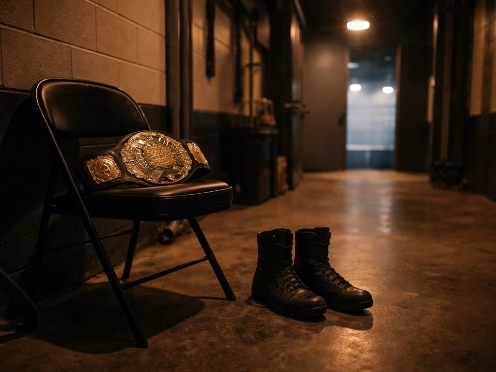 Backstage corridor with a chair holding a belt and worn wrestling boots, dim ring glow in distance.