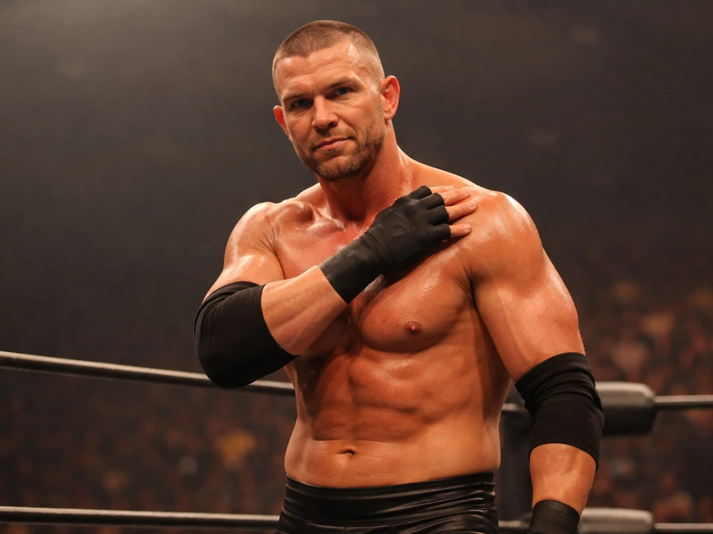 Frankie Kazarian in a wrestling ring, focused and intense under stadium lights.