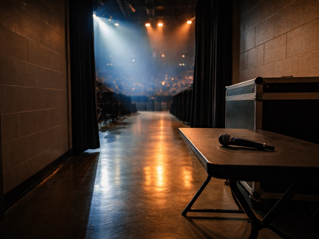 Empty wrestling venue hallway with event lights and a spotlight glow suggesting independent bookings