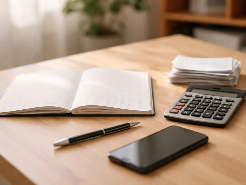 Minimal desk scene with calculator, notebook, and receipts suggesting careful net worth methodology.