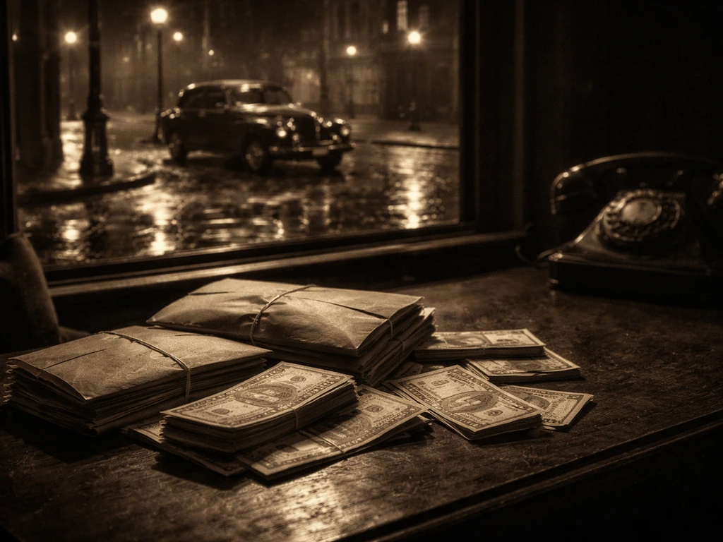Moody archival scene of a Chicago street at night with a shadowy vintage car and scattered cash envelopes