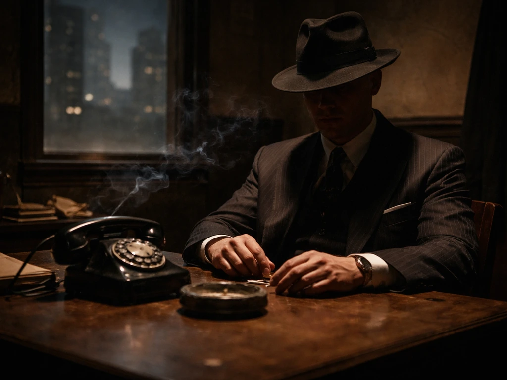 Vintage gangster-era office scene with cigarette smoke, dark suit, and Chicago skyline feel
