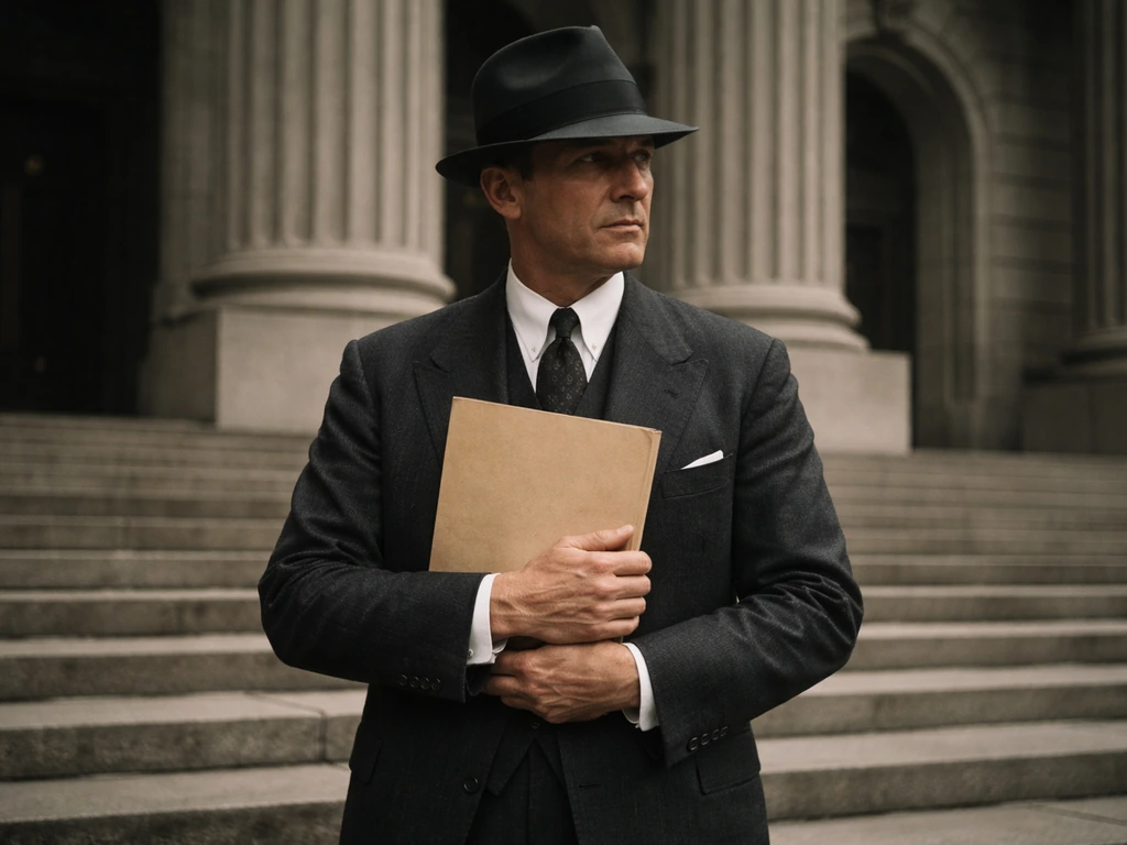 1930s federal courthouse steps with an anonymous lawyer holding a folder, evoking a 1931 tax evasion conviction
