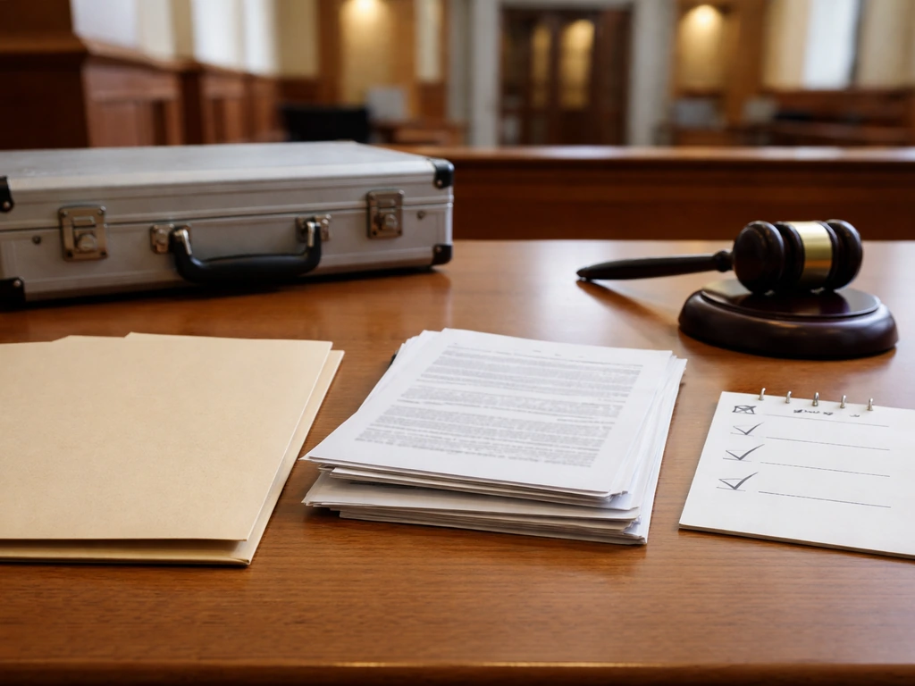 Courtroom desk with legal papers, a gavel, and a blank calendar page suggesting an evidence timeline.