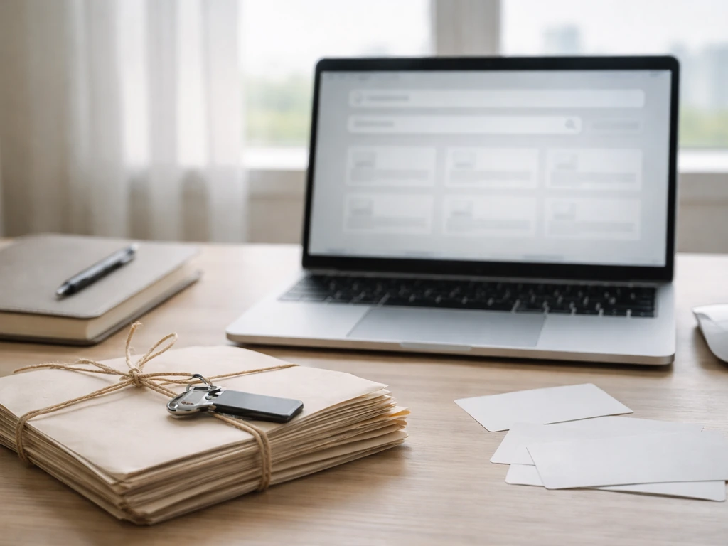 Minimal office desk scene with laptop open to an anonymous FOIA-style archive search workflow
