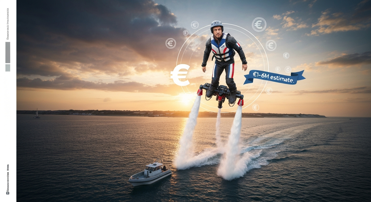 Illustration of Franky Zapata flying a Flyboard Air over the English Channel with euro symbols and a banner reading “€1–6M estimate”.