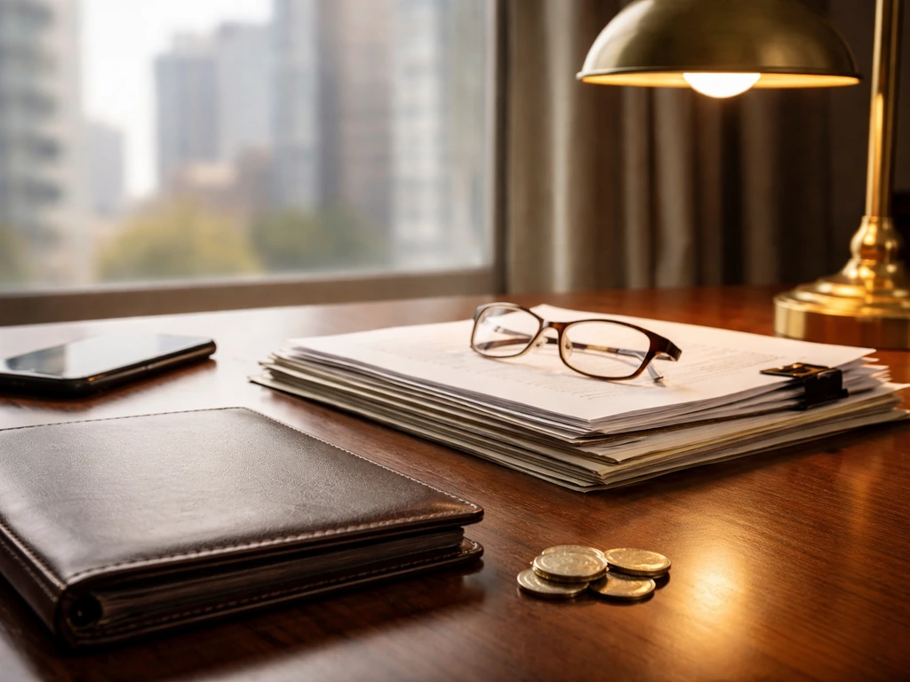 Attorney desk scene with legal documents, coins, and soft city background—symbolic of net worth verification.