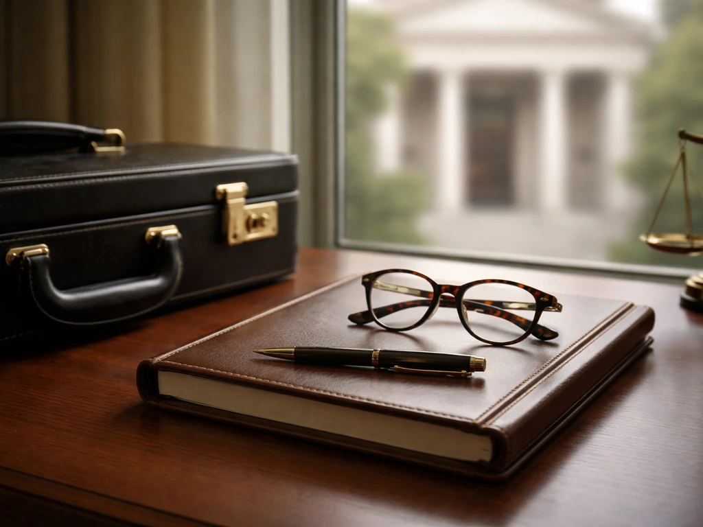 Attorney-themed desk with a courthouse doorway in the background, suggesting the correct Frank Carone context