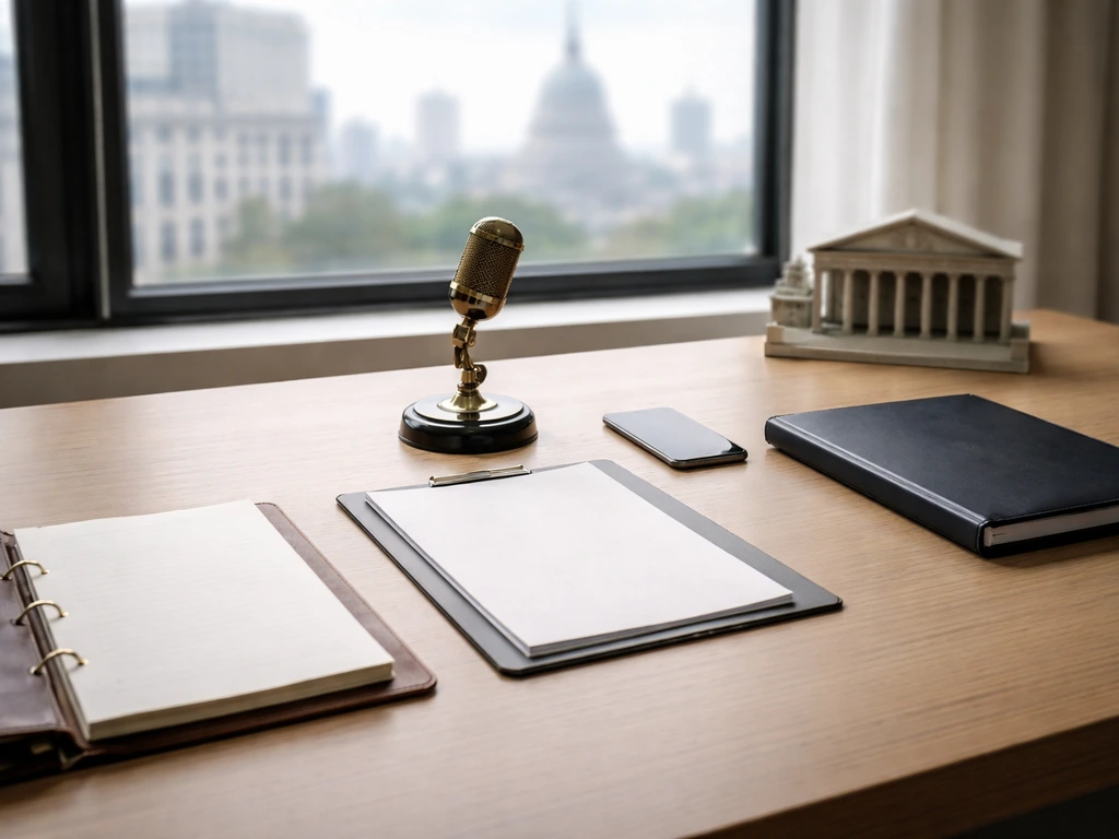 Minimal modern office desk with legal items and a courthouse model, suggesting a career shift over time.