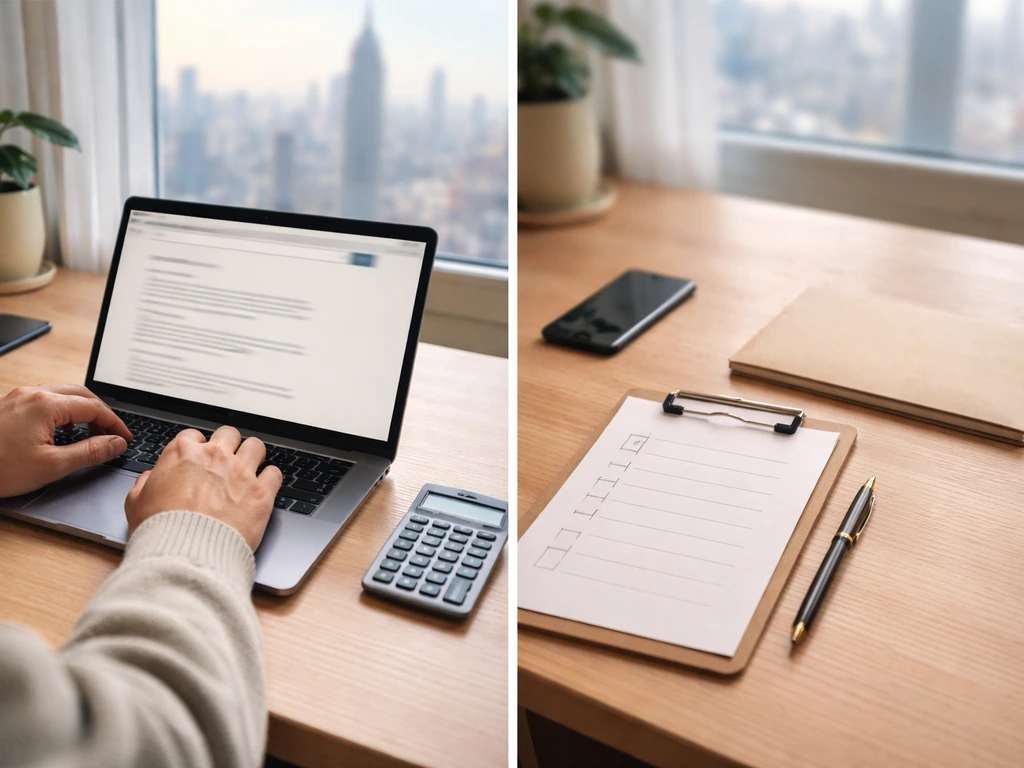 Hands on laptop showing blurred search results alongside a blank checklist and public-records workflow feel.
