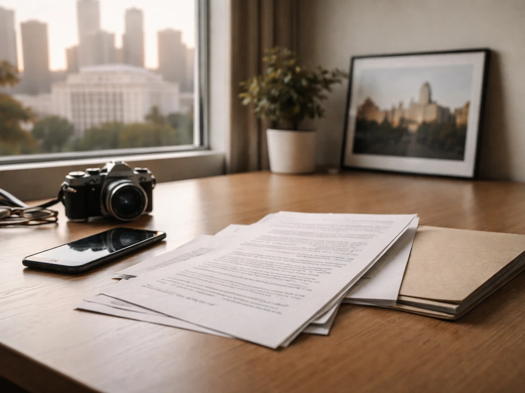 Minimal photo of a Los Angeles–themed office desk with documents and a courthouse skyline background