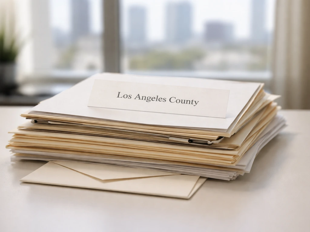 Stack of generic court documents on a desk with a visible “Los Angeles County” label card.