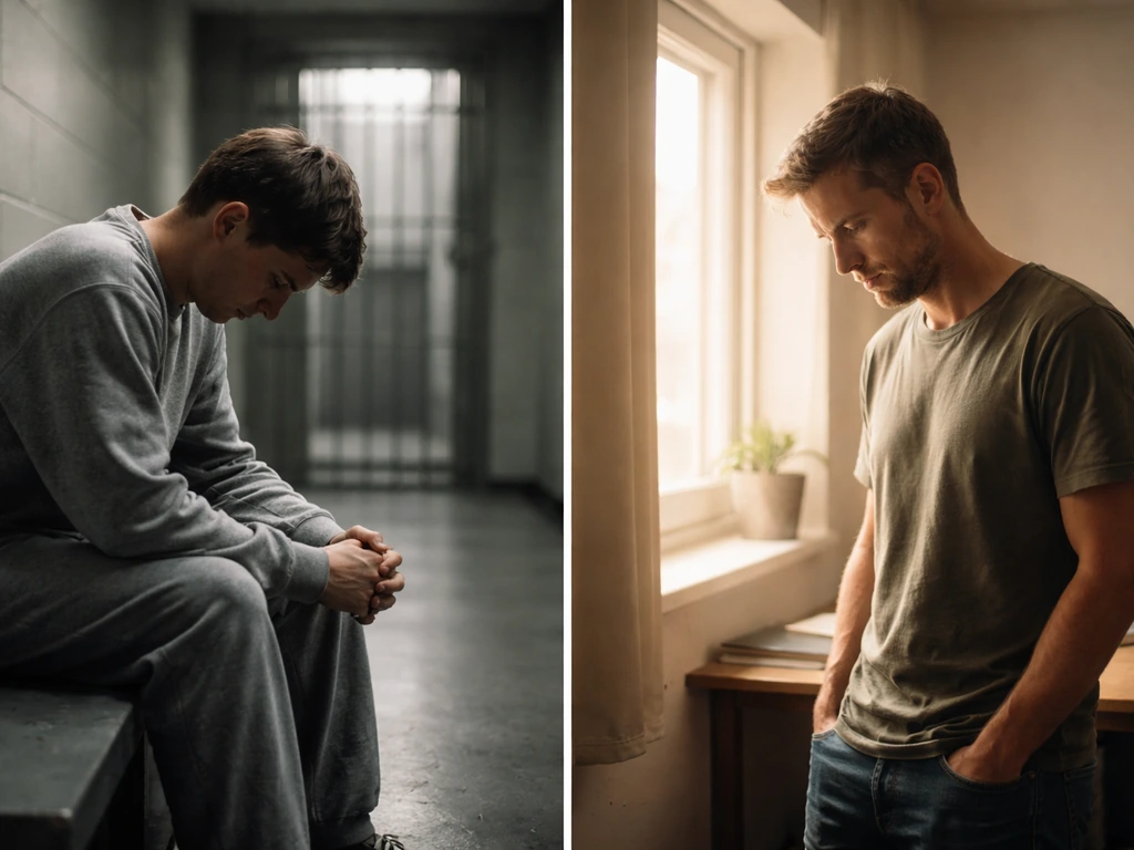 Split scene showing a young inmate in prison on the left and an adult in warm light on the right.