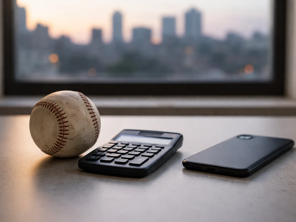 Symbolic baseball-and-finance scene: a worn baseball and calculator on a desk near a blurred city window.