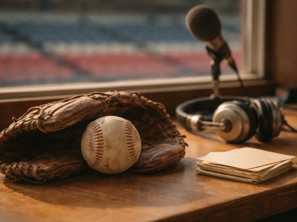 Vintage baseball glove and ball on a desk with headphones and a blurred stadium backdrop, no people.