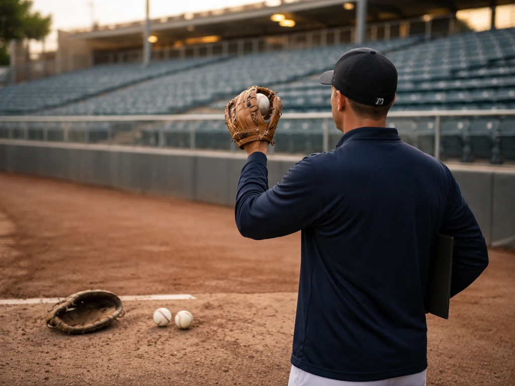 Baseball pitching coach giving instruction on a minor league field in low-rise stadium setting