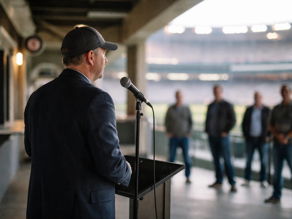 Anonymous speaker in a blazer and cap at a baseball stadium, speaking into a microphone during a public event.
