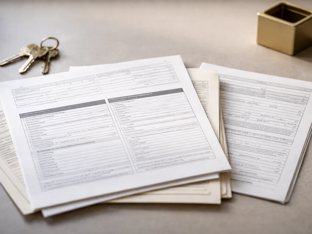 Close-up of scattered public-record documents, keys, and a brass nameplate-like object on a desk