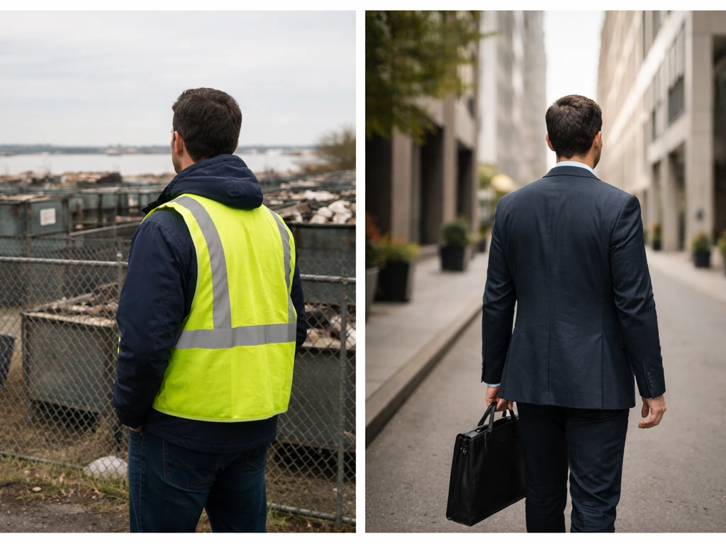 Two side-by-side anonymous men: one at an outdoor recycling yard, the other on a quiet business street.