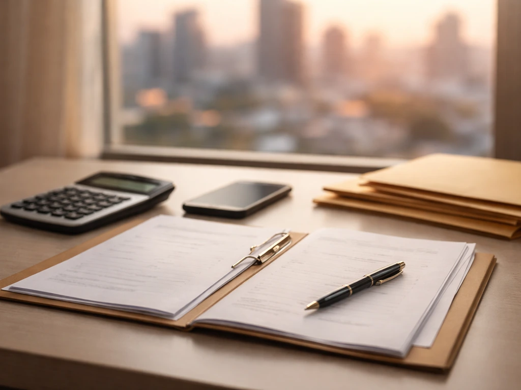 Minimal photo of an analyst desk with scattered documents, calculator, and a blurred city view symbolizing net worth est