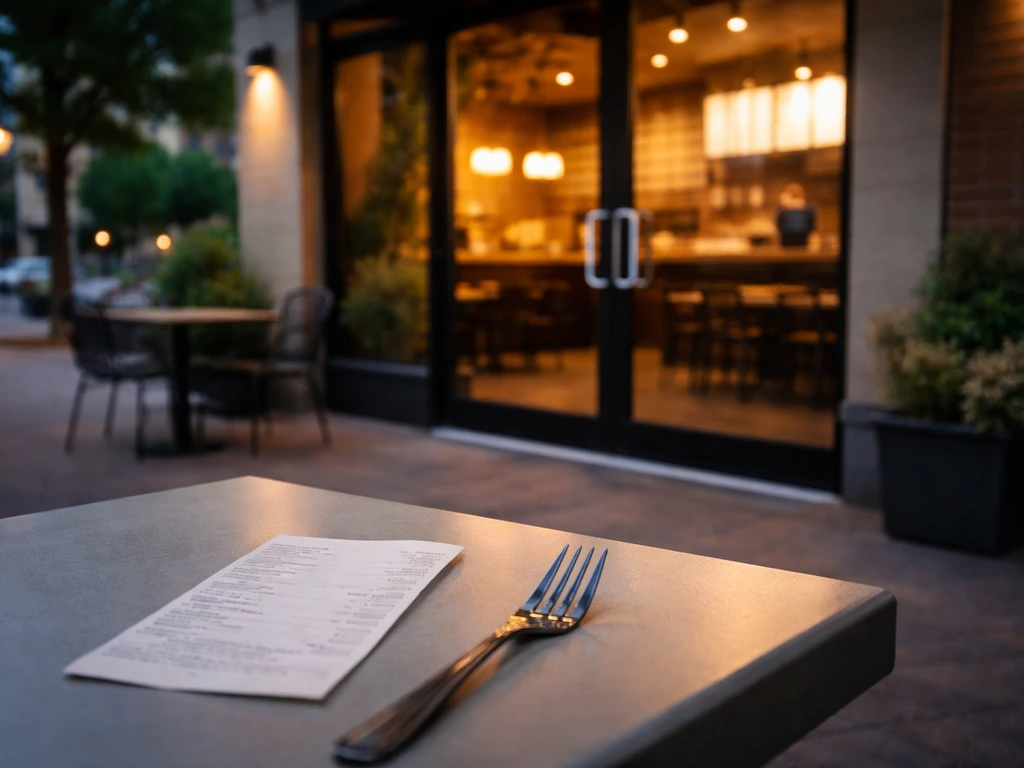 Charlotte restaurant entrance at dusk with table items symbolizing restaurateur and finances.