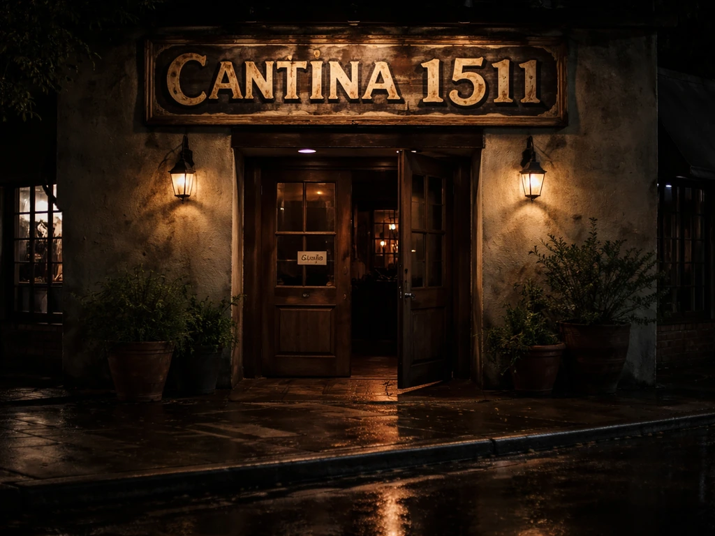 Quiet closed restaurant exterior at night with a dim sign, suggesting financial trouble