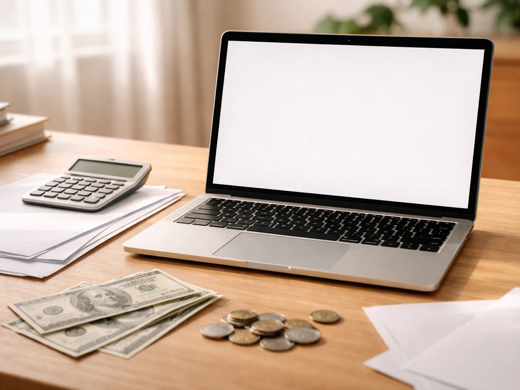 Close-up of a laptop on a desk with scattered papers and a calculator beside scattered coins