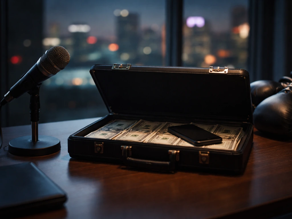 Minimal office desk scene with briefcase, money, smartphone, microphone, and boxing gloves symbolizing buy vs sell.