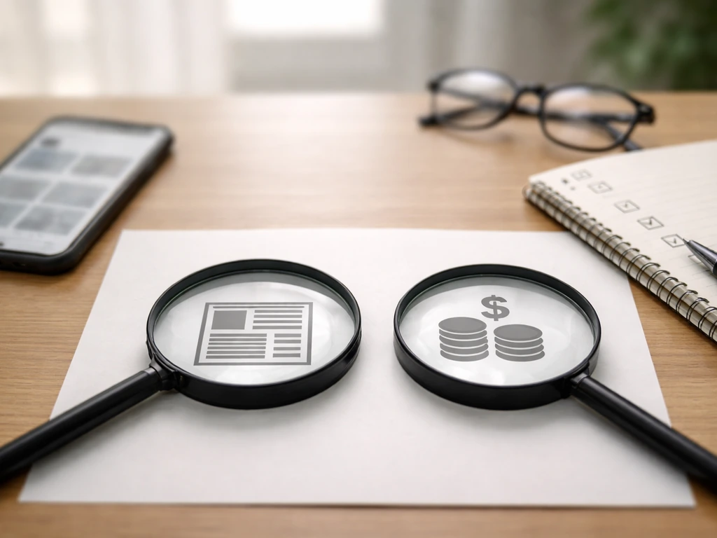 Desk scene with smartphone, notebook checkboxes, and magnifying glass tools for source verification.