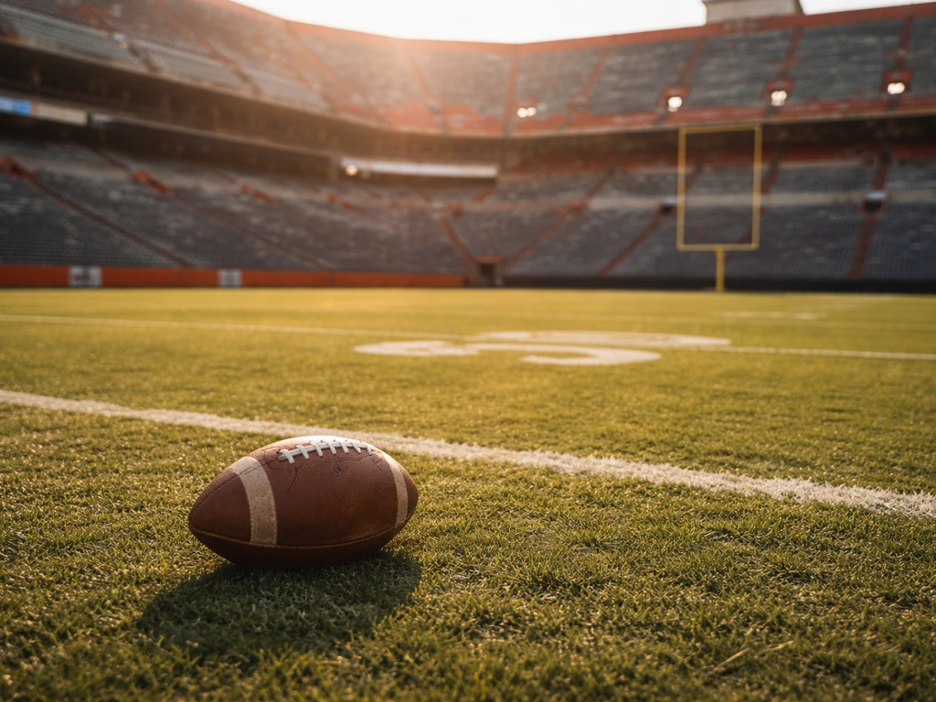 Empty college football stadium field with a football resting on the grass, evoking a Florida Gators era.