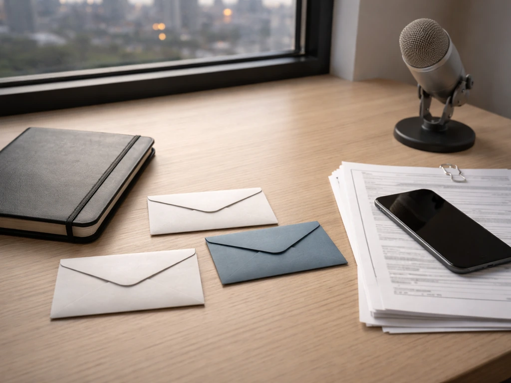 Minimal desk scene with envelopes, documents, smartphone, and a microphone symbolizing NFL income buckets.
