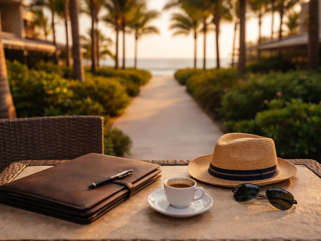 Empty luxury resort courtyard with desk items and ocean view in Punta Cana, Dominican Republic.