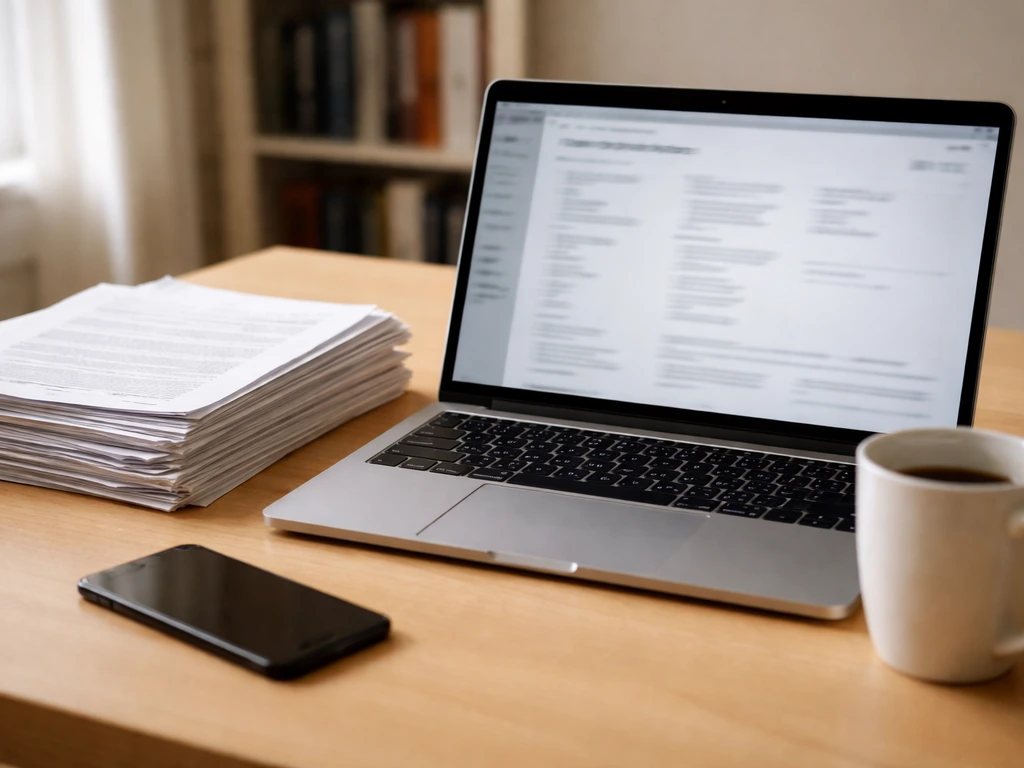 Minimal office desk with an open laptop and bundled corporate/financial documents suggesting wealth estimates.
