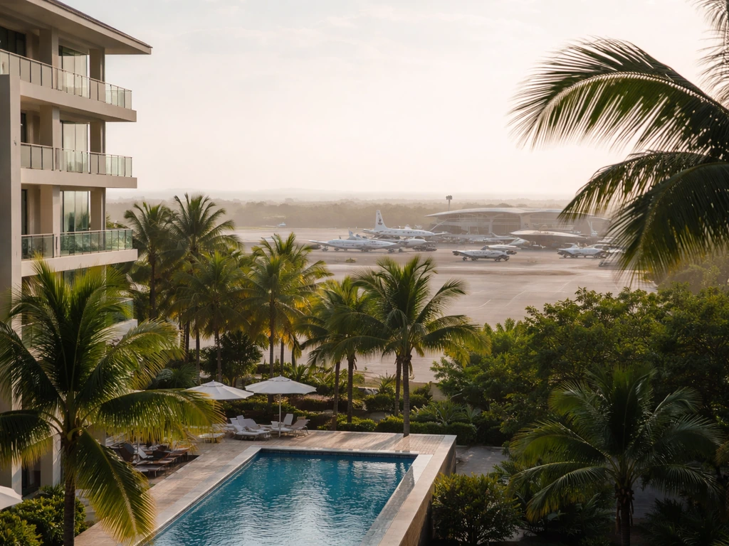 Resort buildings and a nearby airport terminal seen through tropical palms in natural daylight