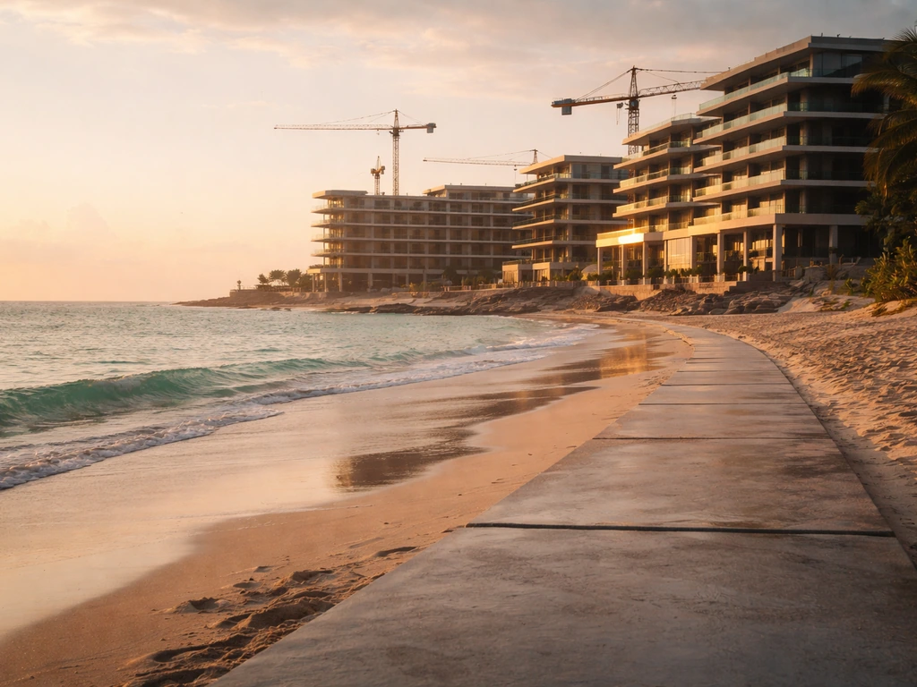 Minimal photo of an unfinished modern beachfront luxury resort under golden-hour light.