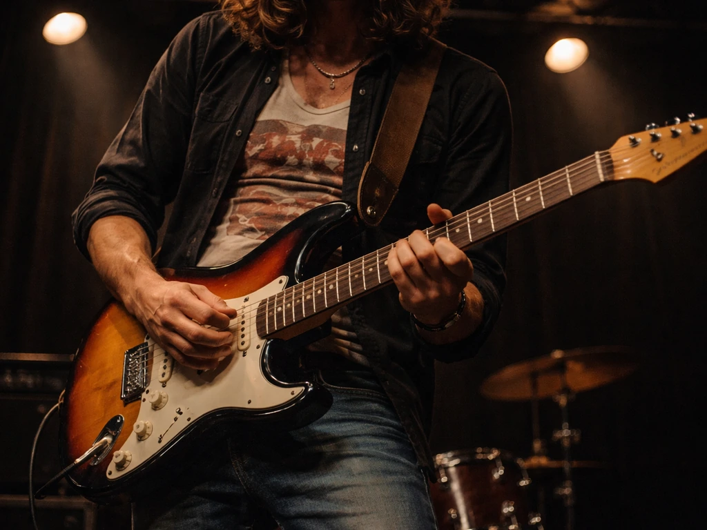 Close candid shot of a generic rock guitarist performing onstage with an electric guitar in low light.